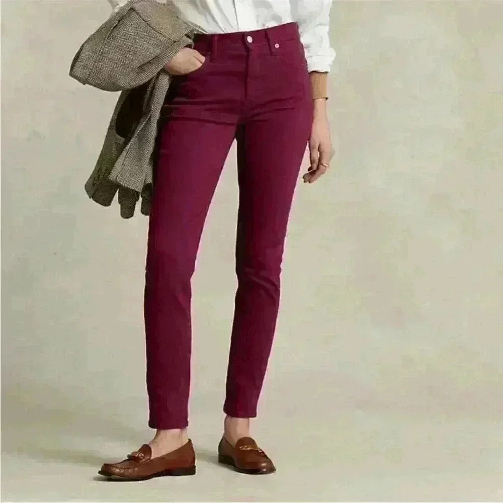 NWT POLO RALPH LAUREN burgundy jeans with yellow embroidered polo logo back Sz28
